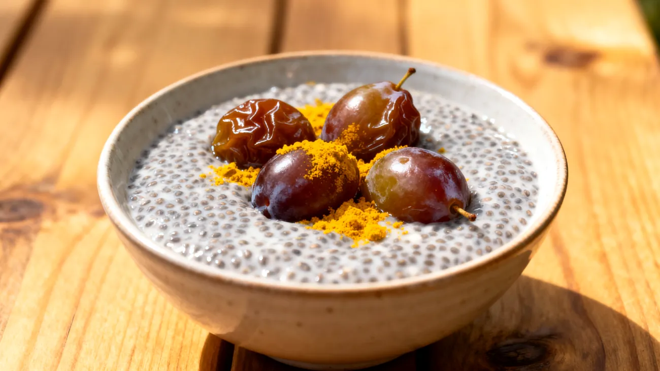 Chia-Pudding mit fermentierten Pflaumen und Kurkuma"
