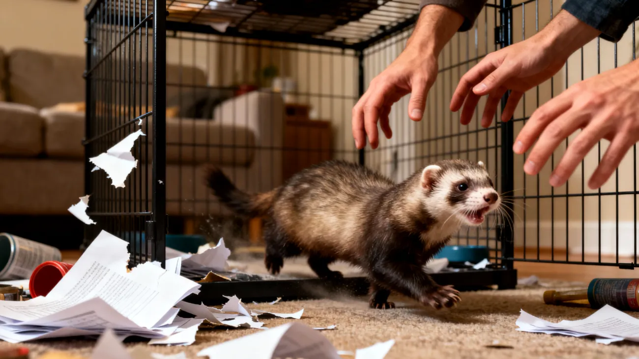 Frettchen zeigen in Wohnungen häufig Stress und Unruhe aufgrund von Platzmangel und fehlenden natürlichen Verhaltensausläufen, was zu destruktivem Verhalten und gesundheitlichen Problemen führen kann"