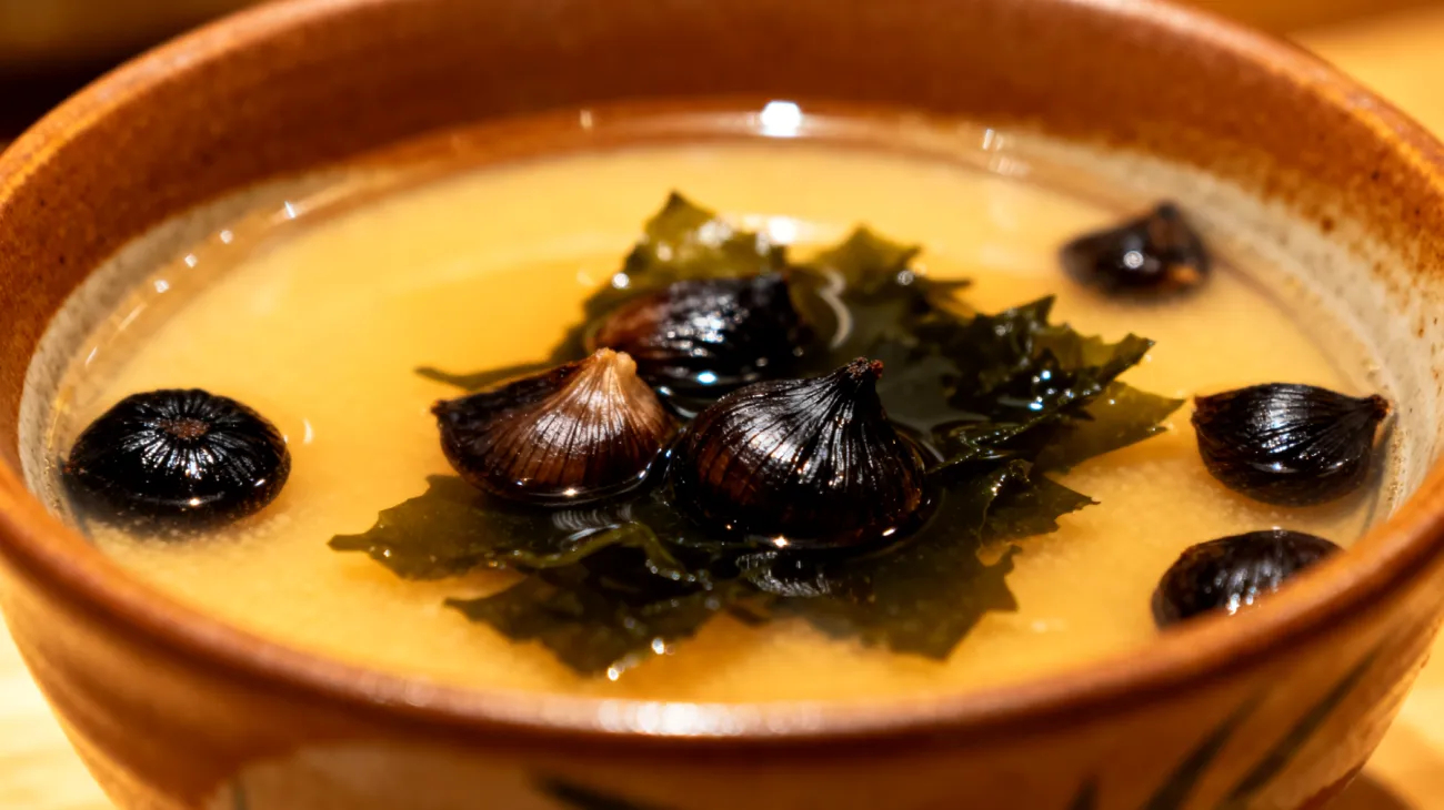 Miso-Suppe mit fermentiertem schwarzen Knoblauch und Wakame-Algen"