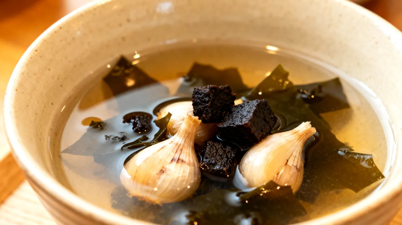 Miso-Suppe mit fermentiertem schwarzen Knoblauch und Wakame-Algen"