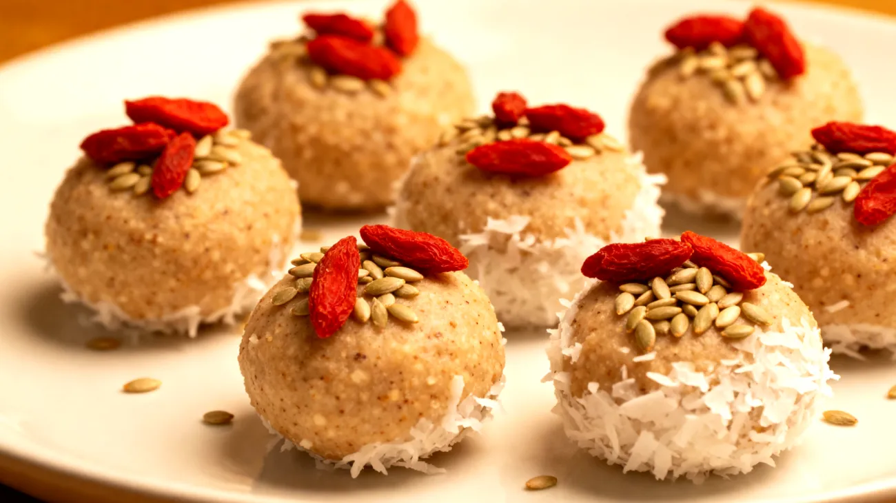 Amaranth-Kokos-Bällchen mit Goji-Beeren und Hanfsamen"