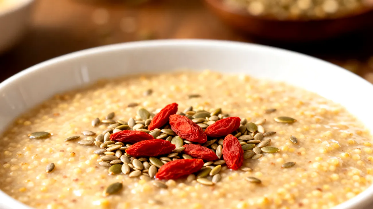 Amaranth-Quinoa-Pudding mit Hanfsamen und Goji-Beeren"