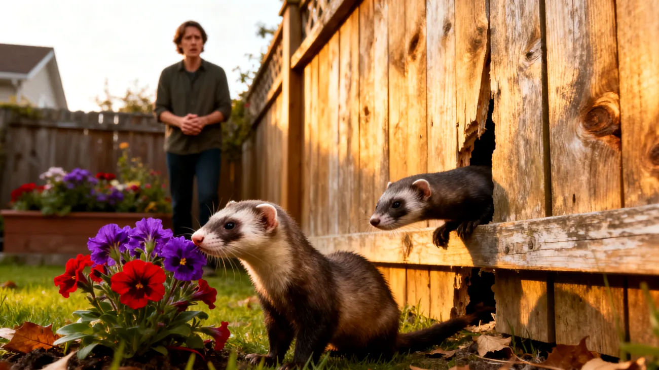 Frettchen im Garten können giftige Pflanzen fressen oder sich durch kleine Öffnungen im Zaun zwängen und entkommen, da sie sehr neugierige und geschickte Fluchtkünstler sind"