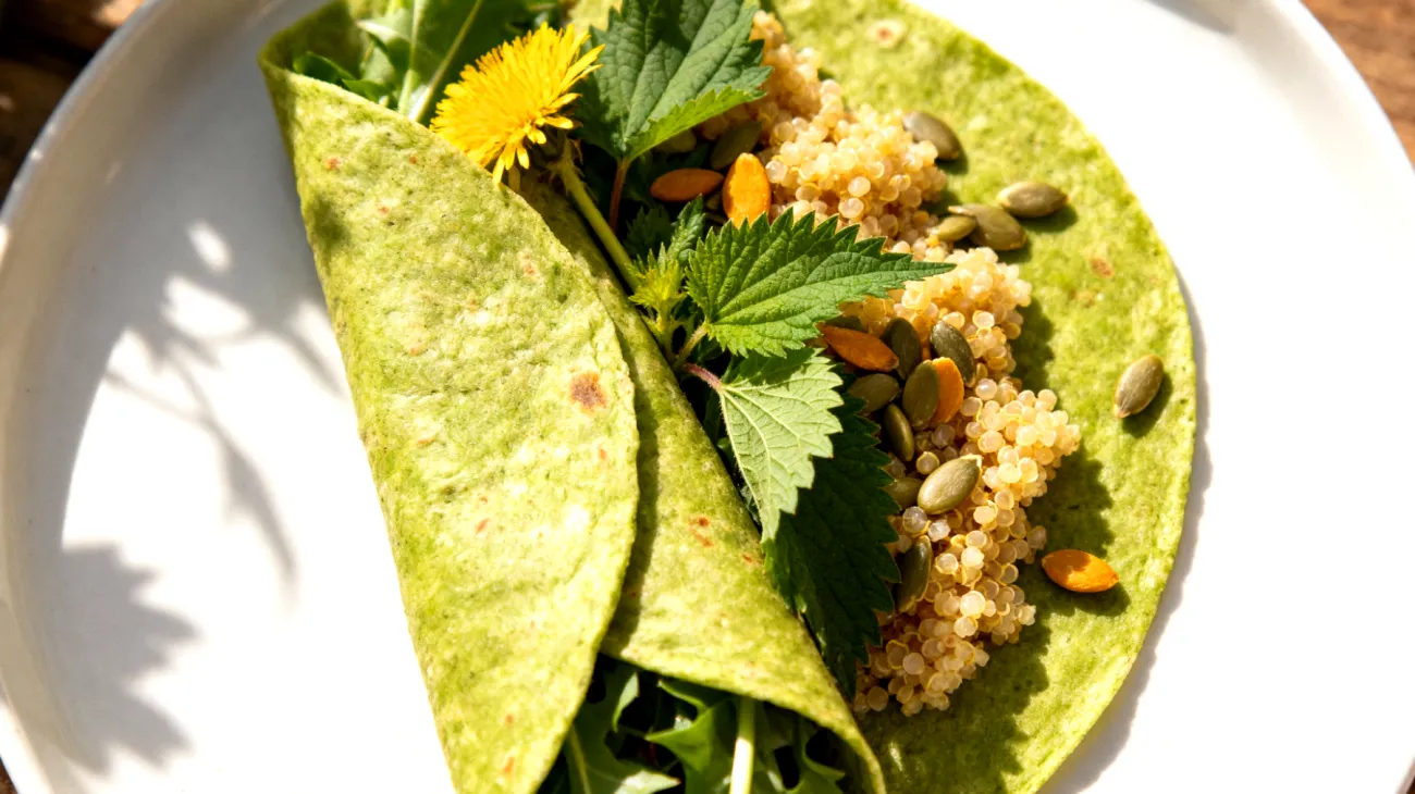Löwenzahn-Brennnessel-Wrap mit Quinoa und Kürbiskernen"