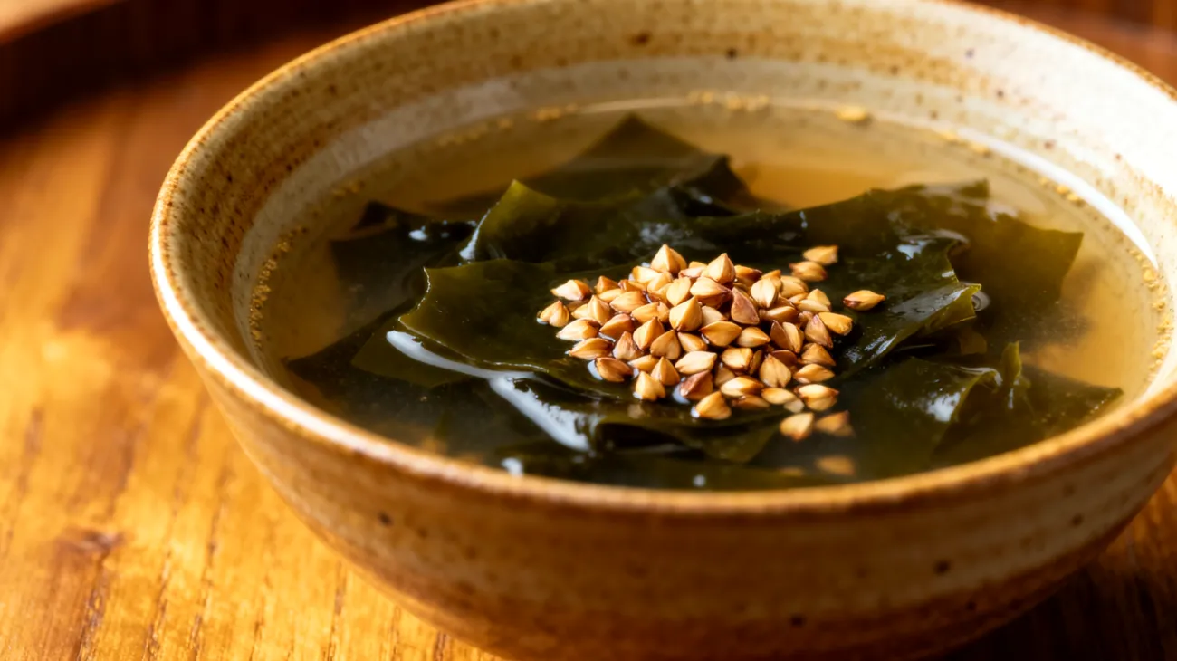 Miso-Suppe mit Wakame-Algen und geröstetem Buchweizen"