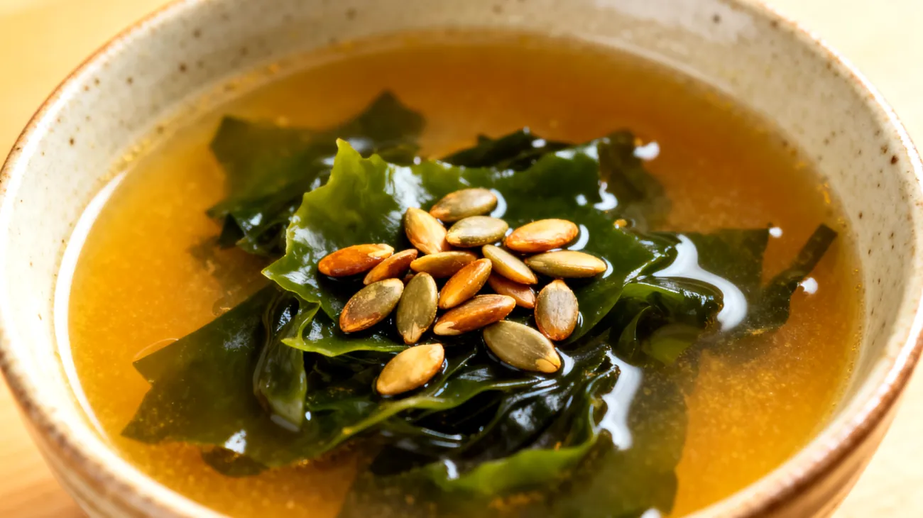 Miso-Suppe mit Wakame-Algen und gerösteten Kürbiskernen"